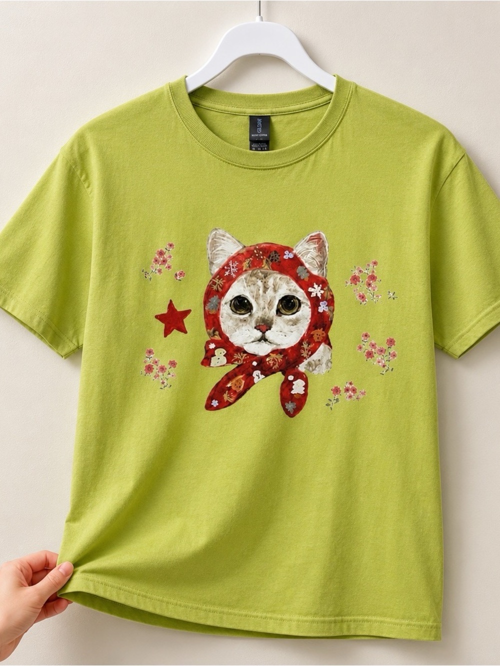 Gildan Kiwi Tee with Red Scarf Cat Graphic